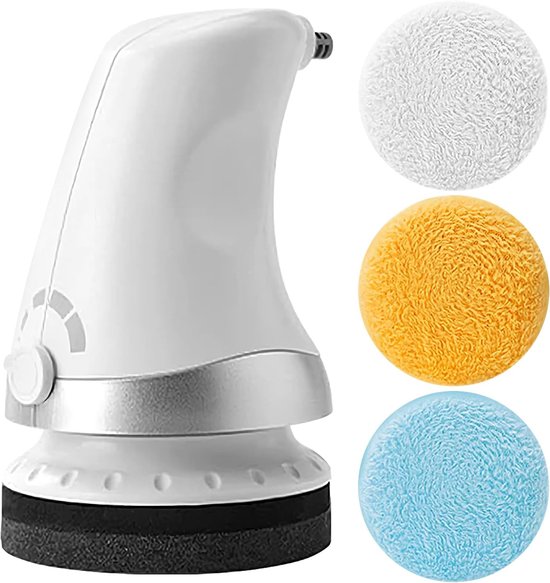 Elektrische lichaamsreiniger met witte, oranje en blauwe opzetborstels, wit apparaat met zilveren accenten.