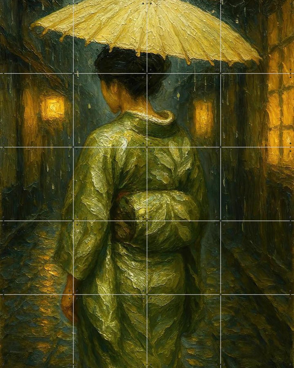IXXI Geisha with a Parasol in the Evening Light, Natalie Bruns - 80 x 100 cm - Gratis ophangtool - Grote wanddecoratie en posters - Olieverf