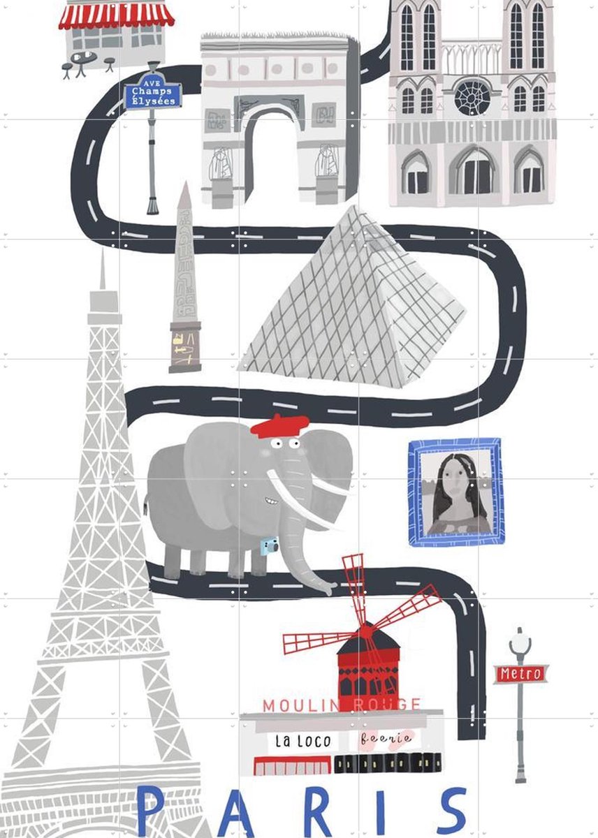 IXXI Paris City With Cute Elephant Tourist, Carla Daly - 100 x 140 cm - Gratis ophangtool - Grote wanddecoratie en posters - Illustraties, Cartoonesk