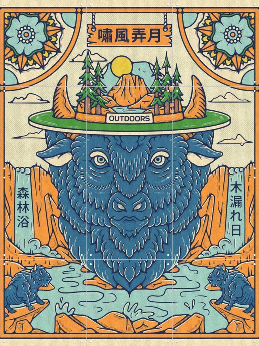 IXXI The Great Outdoors Adventure - Bison, Ryan Ragnini - 60 x 80 cm - Gratis ophangtool - Grote wanddecoratie en posters - Illustraties, Speels