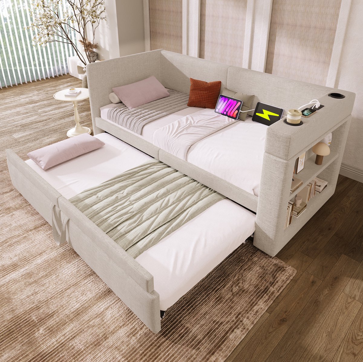COVREO Slaapbank met uitschuifbed – Bedbank met opbergruimte – Dagbed voor volwassenen – 217x98x74 cm – Beige - zonder matras