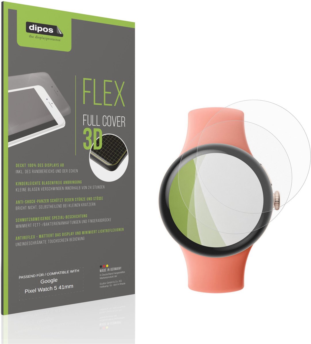 dipos FLEX – 2x Matte Screenprotector geschikt voor Google Pixel Watch 5 41mm | Volledige Schermbescherming | Case-Friendly