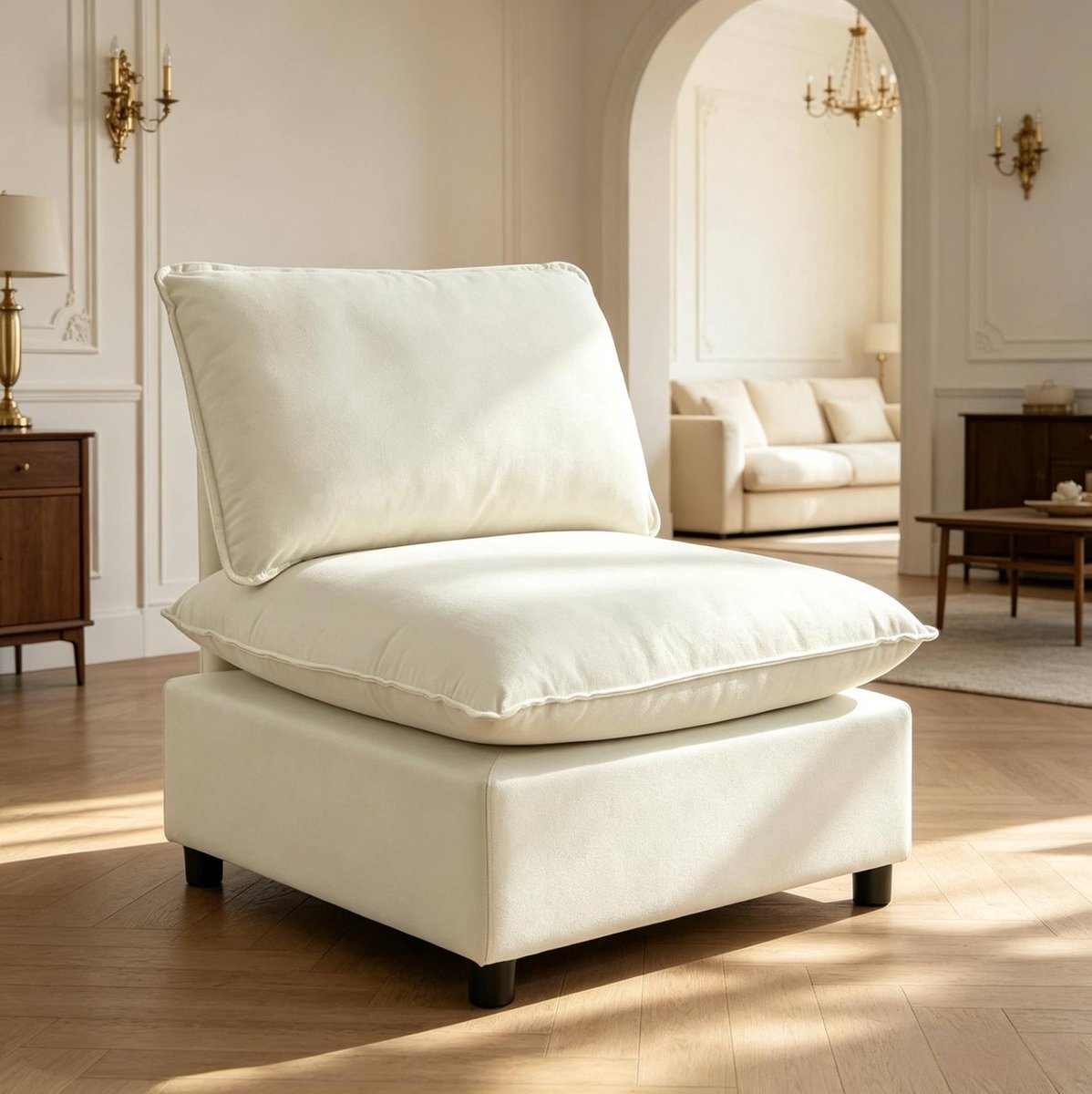 REDOM - Fauteuil - Vast model zonder ligfunctie - Gewatteerde zitting en rugkussen - Moderne stijl - Woonkamer - Stof en metaal - Crème - 74 x 85 x 78 cm
