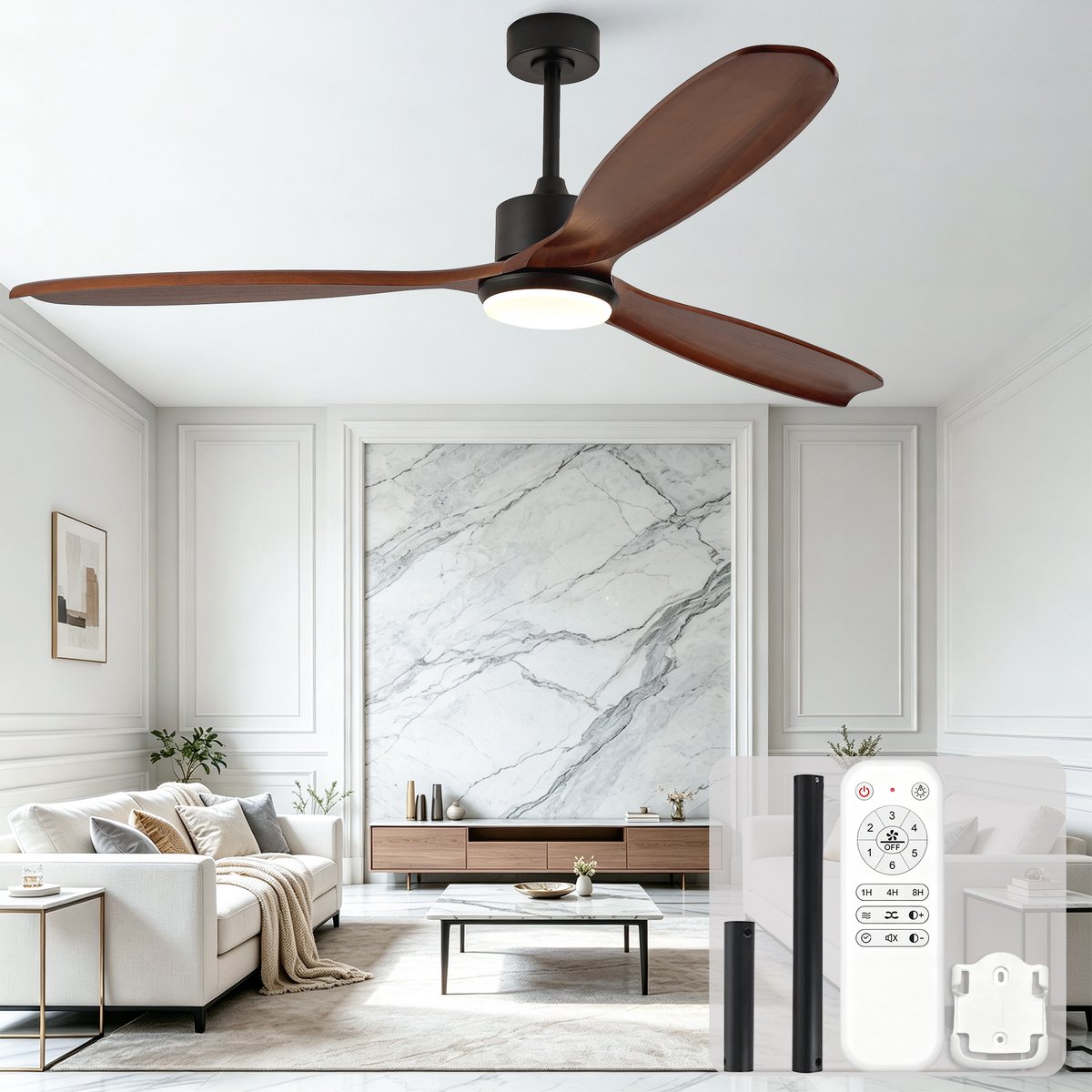 70 inch Plafondventilator met 3 massief houten bladen - 3 kleurtemperaturen - 6 snelheden vooruit/achteruit - Afstandsbediening - Laagspanning DC motor - Geschikt voor grote ruimtes