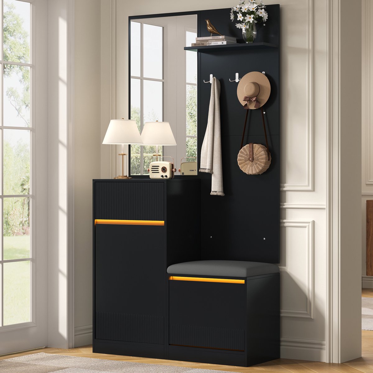 Kompakt Schoenenkast Met Spiegel En Led Verlichting Voor Hal En Entree Zwart 105 X 38 X 190 Cm
