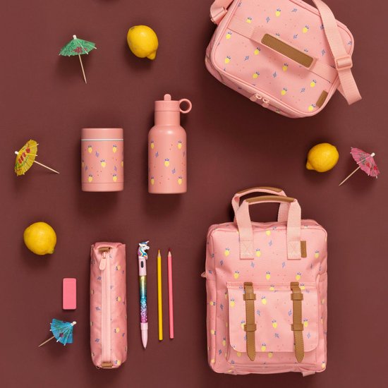 Roze Fresk kinderrugzak, lunchtas en thermosfles met zomerfruitprint.