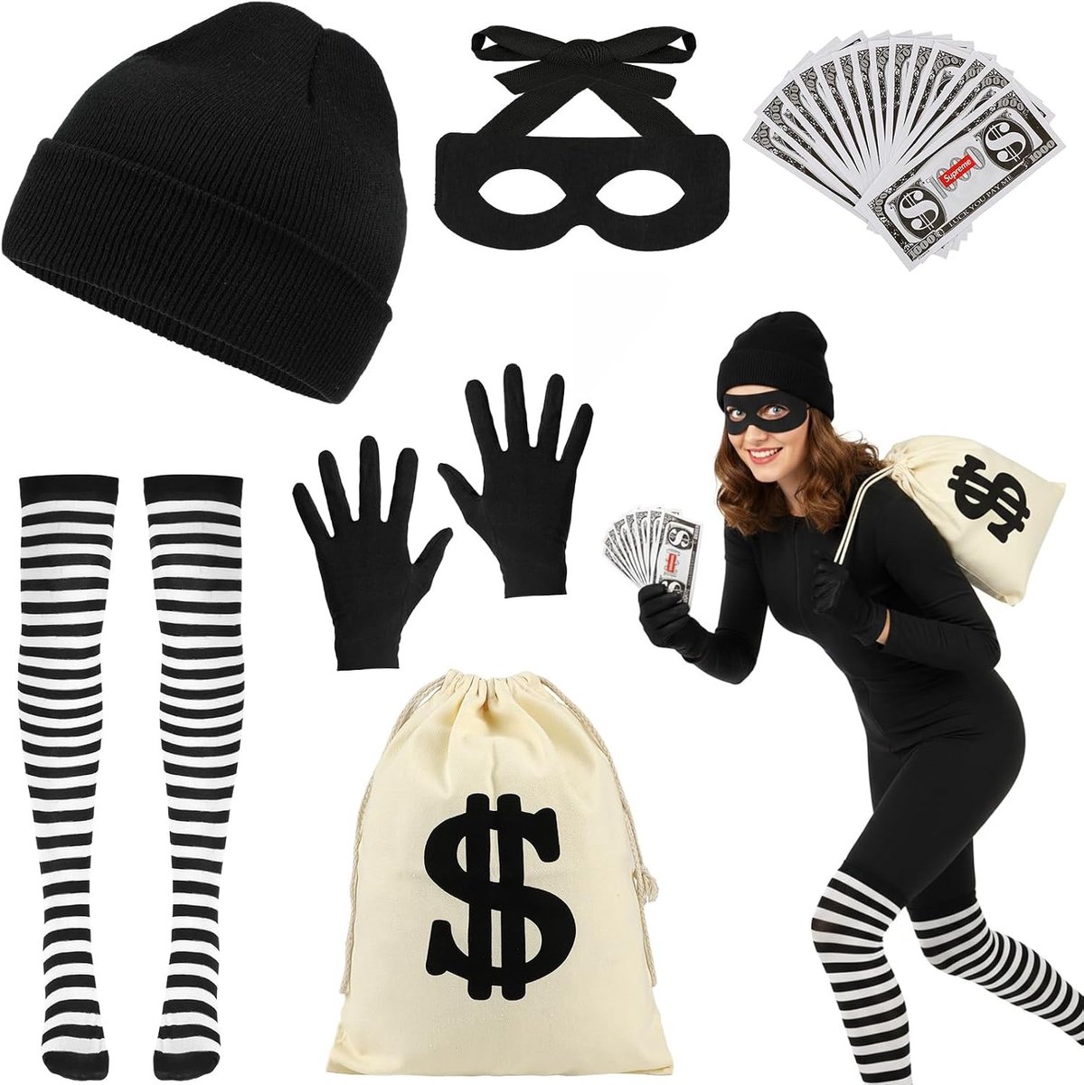 Volwassenen kostuumset voor bankoverval, inclusief gestreepte beanie, masker, kniekousen, handschoenen en tas voor Halloween en carnaval cosplay