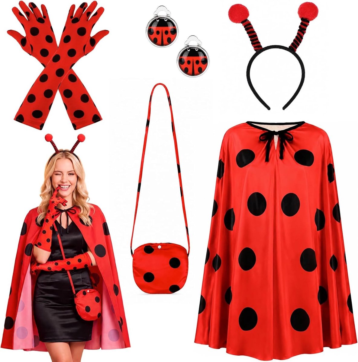 Lieveheersbeestje kostuumset voor volwassenen met mantel, antenne en feestaccessoires voor Halloween en verkleedfeesten