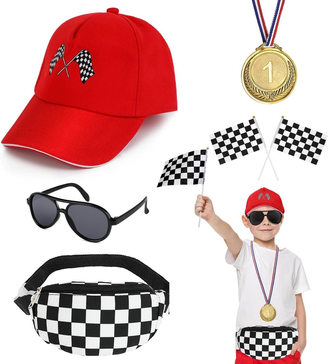 Rode Racing Cap, Heuptas, Geruite Racing Vlaggen, Medailles en Zonnebril voor Kinderen - Perfect voor Halloween en Carnaval Rollenspel Kostuum
