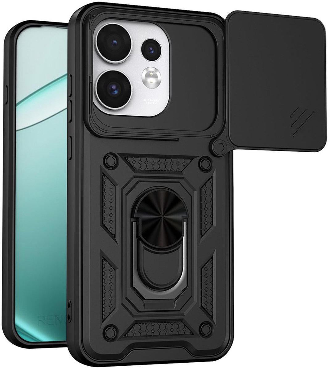 MobyDefend Hoesje - Geschikt voor Oppo Reno16 / 16 Pro - Pantsercase Met Draaibare Ring - Zwart