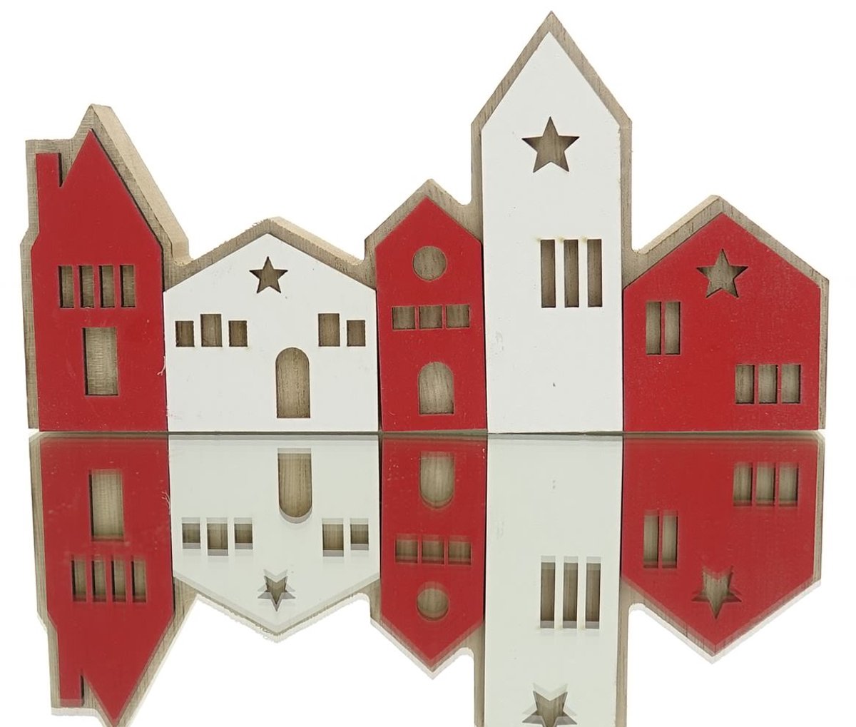 Posiwio Kerstdecoratie Huizenrij Rood en Wit 18 x 9 cm MDF