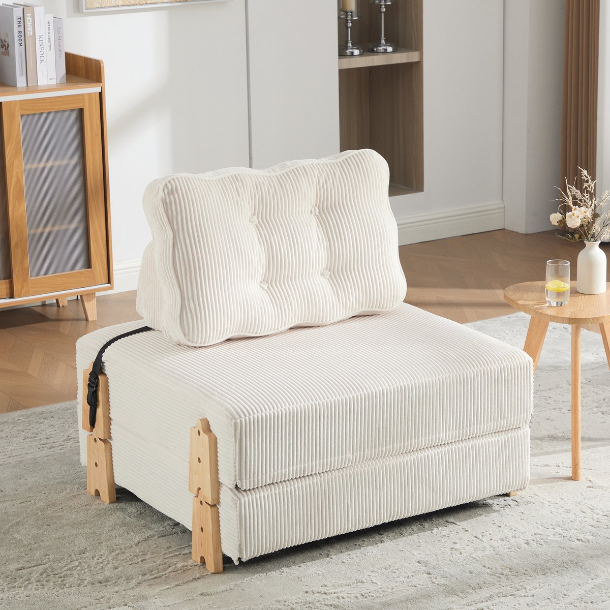 HAUSS SPOLE Fauteuil – Opvouwbare Slaapfauteuil – Voor Woonkamer, Slaapkamer En Logeerkamer – Hout En Ribfluweel Beige
