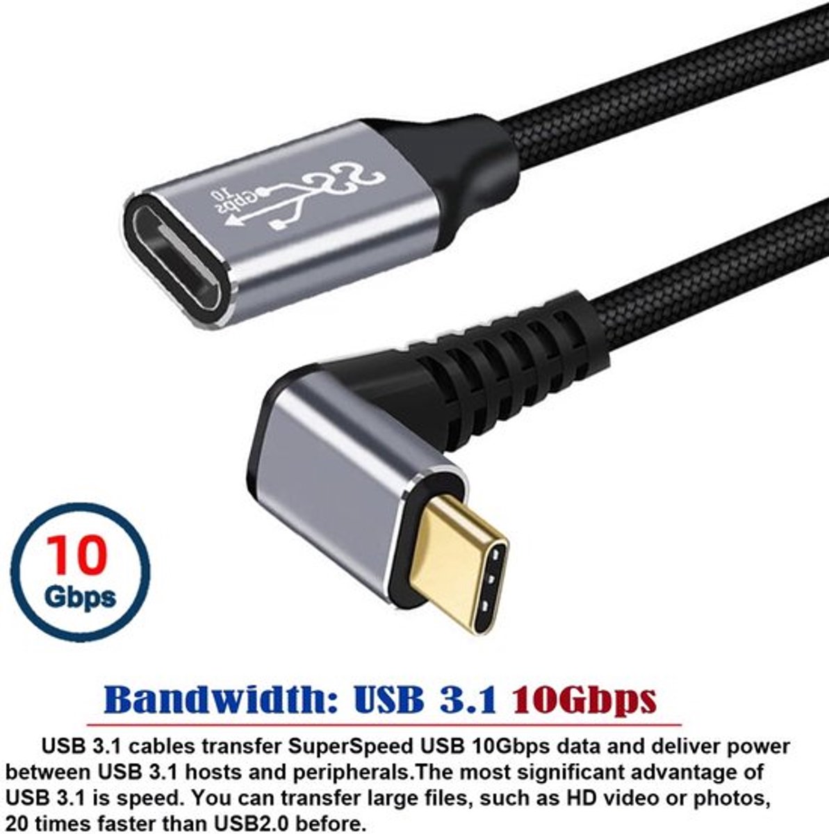 By shayne - USB C 3.1 Kabel - 90 Graden Hoek - 10Gbps - 0.5m - Data Overdracht