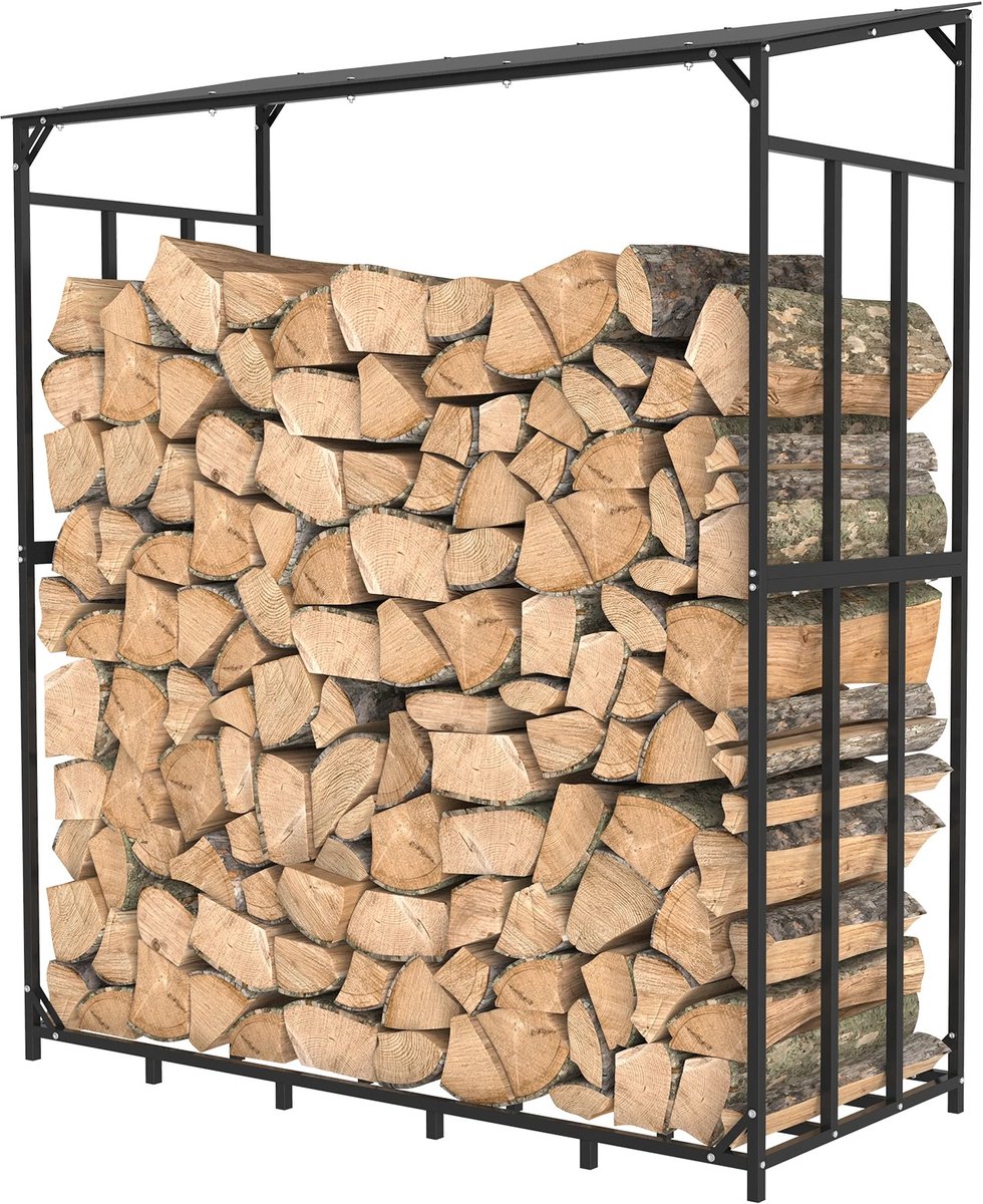 G&G brandhoutrek - Houtrek - Houtopslag buiten - Haardhoud - Brandhout - 156x60x176cm - Met afdak - Ijzer - Tot 300kg - Zwart