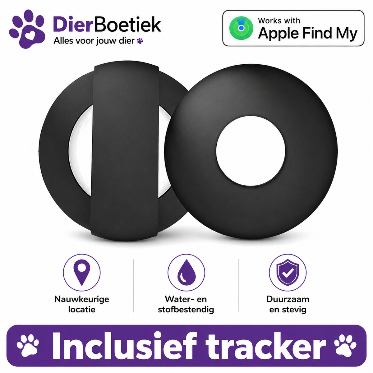 Dierboetiek® Huisdier Tracker Hond & Kat – Tag voor Halsband – Apple Find My – Locatietracker – Penning - Zwart