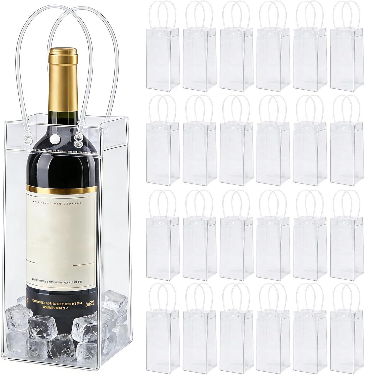 24 Stuks Koeltas voor Flessen - Transparante IJs Tas, Lekvrije Koeltas met Handvat voor Bier, Wijn en Drankjes tijdens Feesten en Buitenevenementen, 25 x 10 x 10 cm