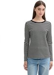 Dames T-shirt met lange mouwen en zwart-wit streepjesmotief, gedragen door een model met spijkerbroek.