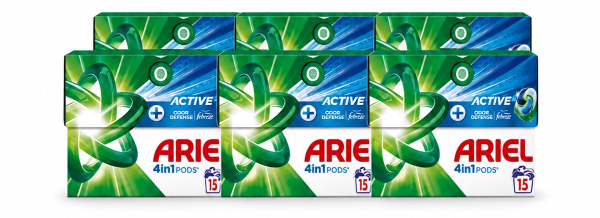 6 x Ariel - 4in1 Wasmiddel Pods - Actieve Geurbestrijding - 15 Pods - Voordeelverpakking - 6 stuks