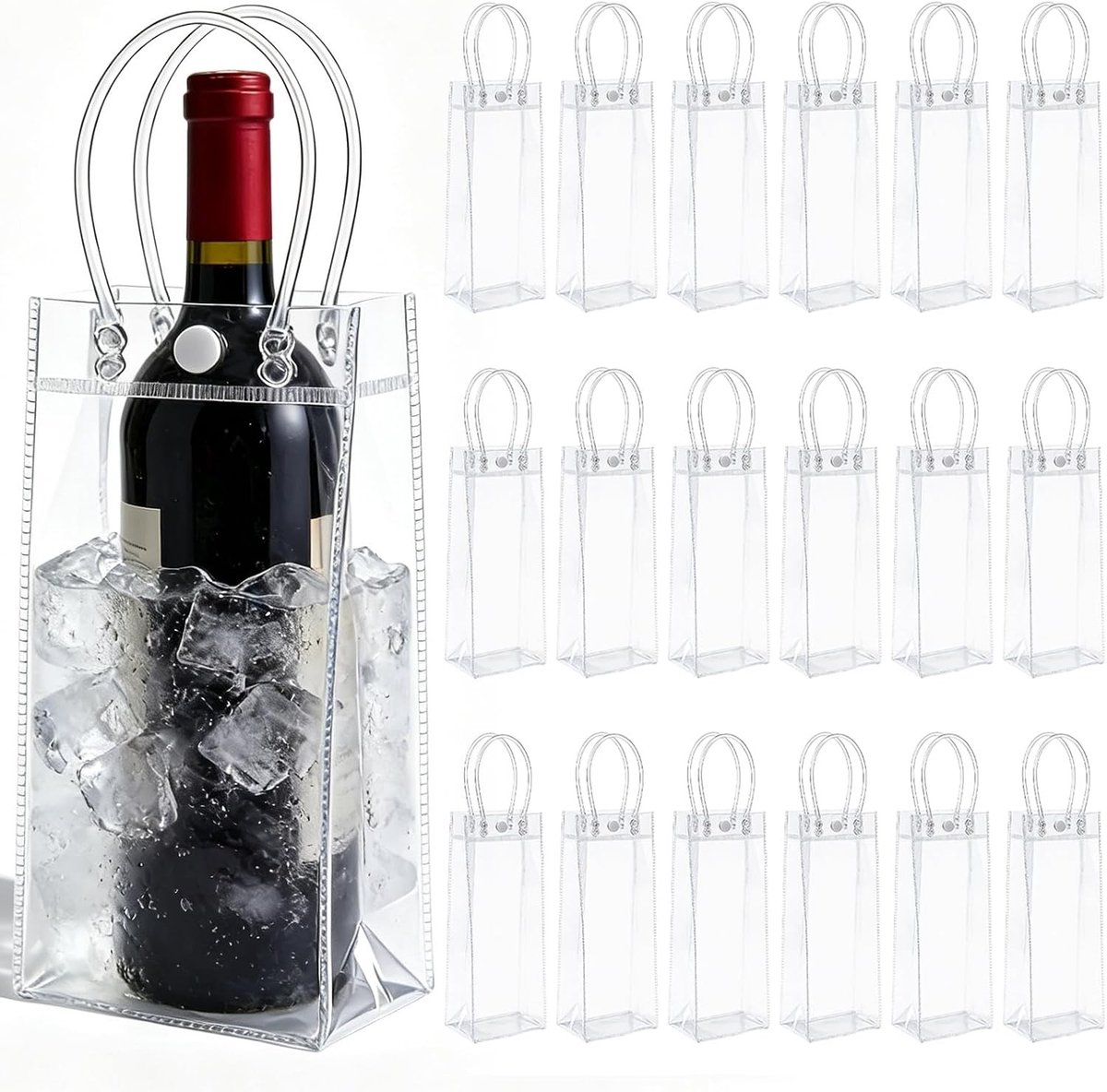 18-delige PVC IJszakken voor Flessen: Transparante Koeltas voor Champagne, Lekvrije IJszak met Handvat voor Koud Bier, Wijn en Dranken, Perfect voor Buiten en Kamperen