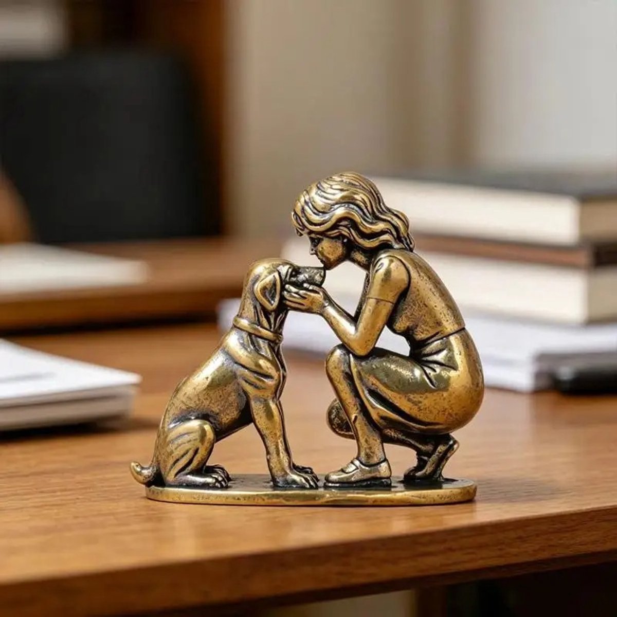 Messing Meisje met Hond Beeldje - Antiek Koperen Sculptuur - Vintage Woondecoratie & Bureaubeeldje - 3,5 cm - Hondencadeau Figuur