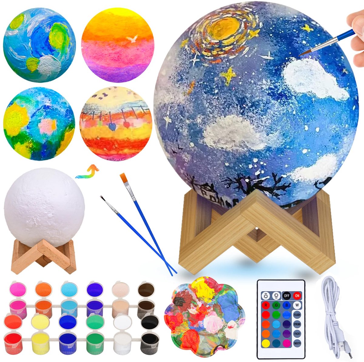 Ulikey Maanlamp, doe-het-zelf schilderset voor kinderen, 16 RGB-kleuren, 3D-nachtverlichting, creatieve projecten - ShopVlot