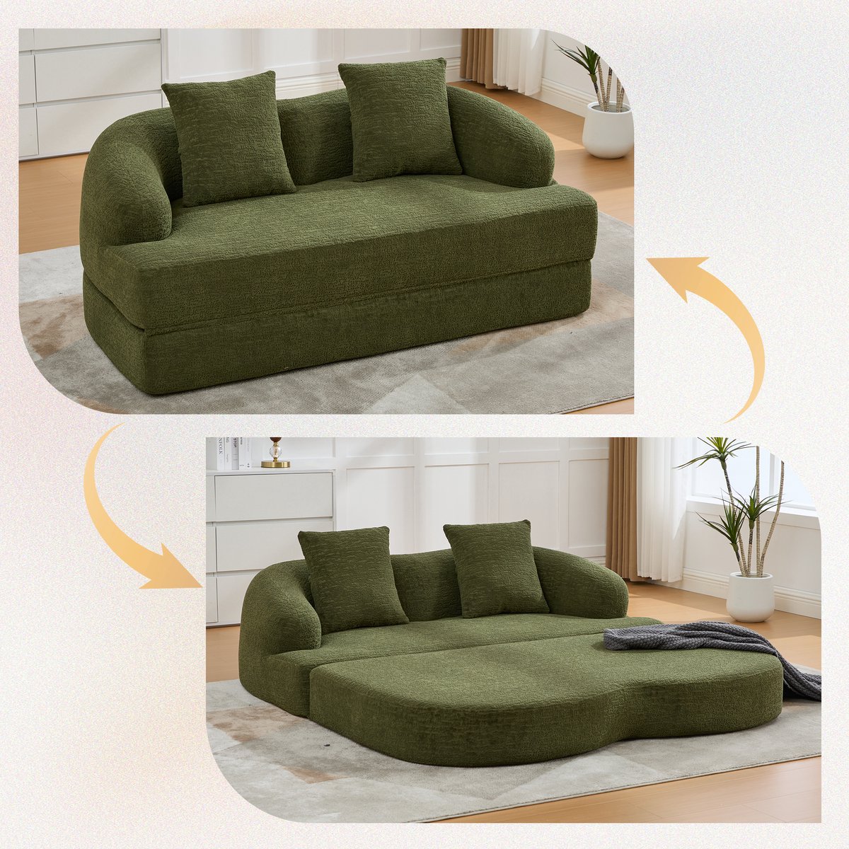 2-in-1 Slaapbank voor twee personen - Uitklapbaar tot tweepersoonsbed - Inclusief twee kussens - Multifunctioneel als bank en bed - Groene chenille bekleding - Geschikt voor logeerkamer en woonkamer