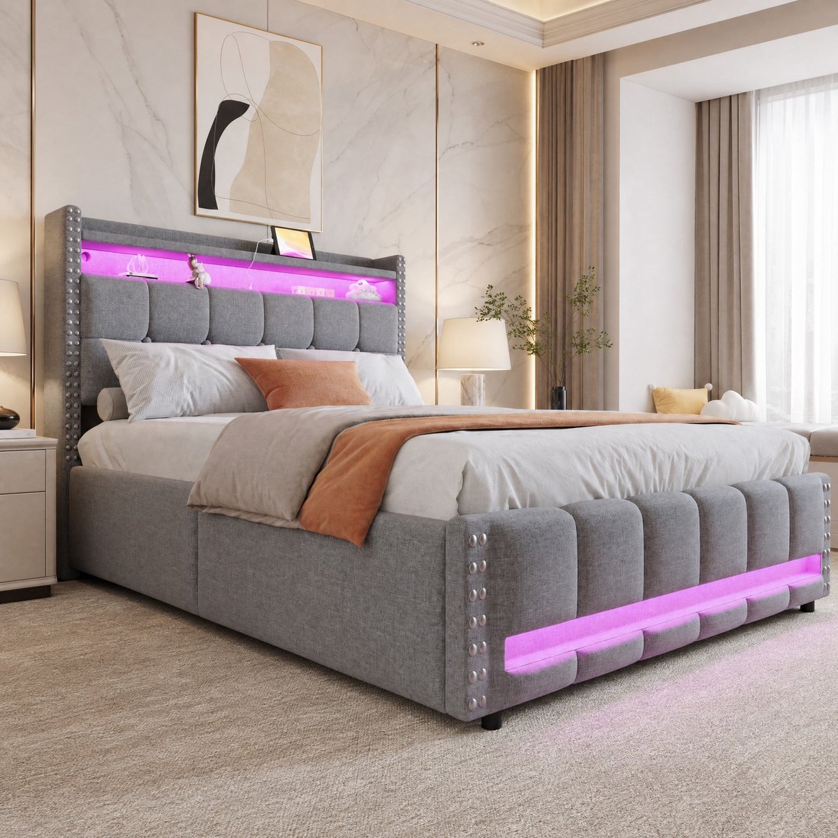 COVREO Bed met LED en USB – 140x200 cm – Tweepersoonsbed met opbergruimte – Bedframe met lattenbodem – Lichtgrijs - zonder matras