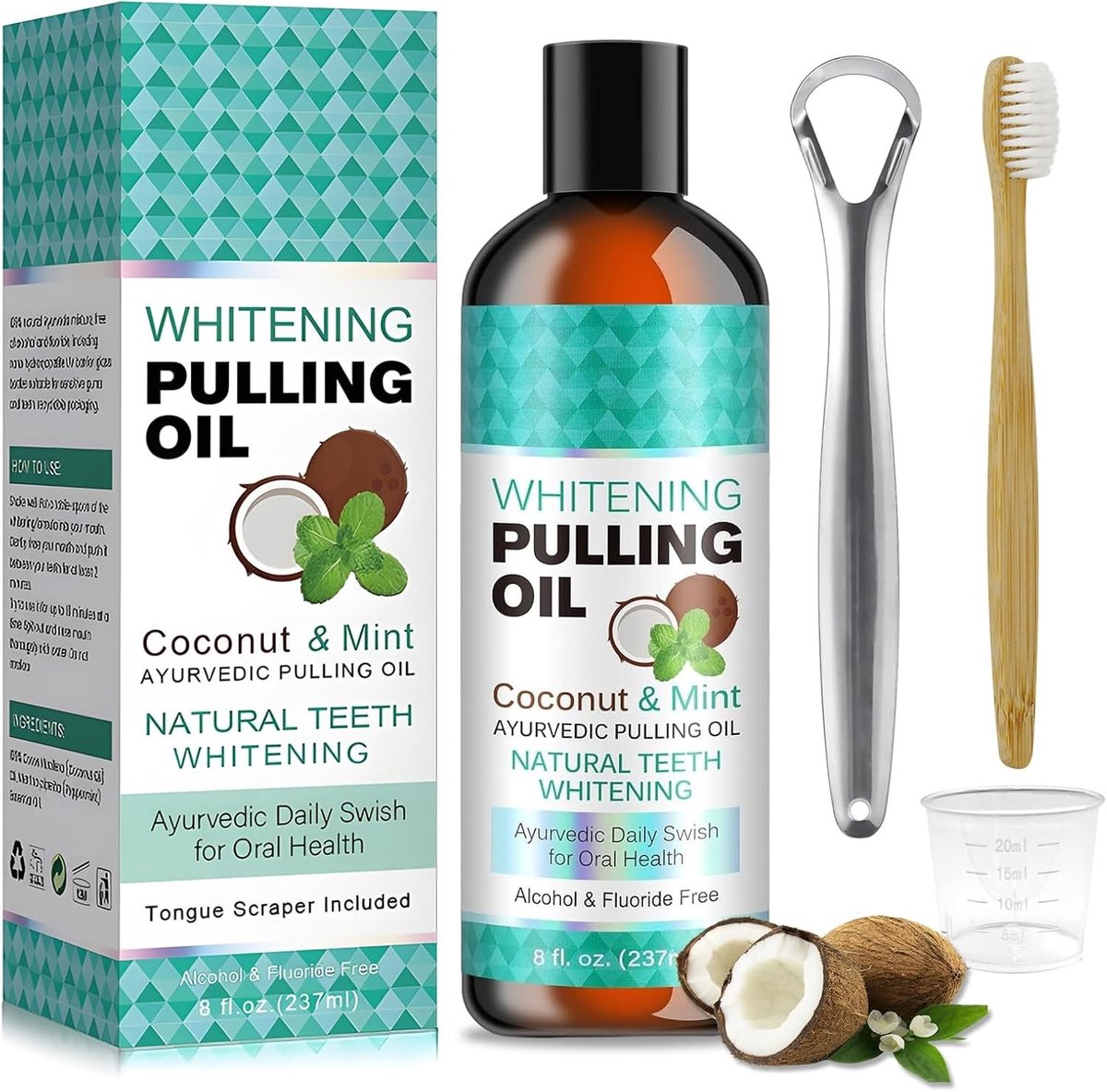 Natuurlijke Mondspoeling met Kokosolie, Tongschraper en Bamboetandenborstel voor Frisse Adem en Mondhygiëne, 8 oz