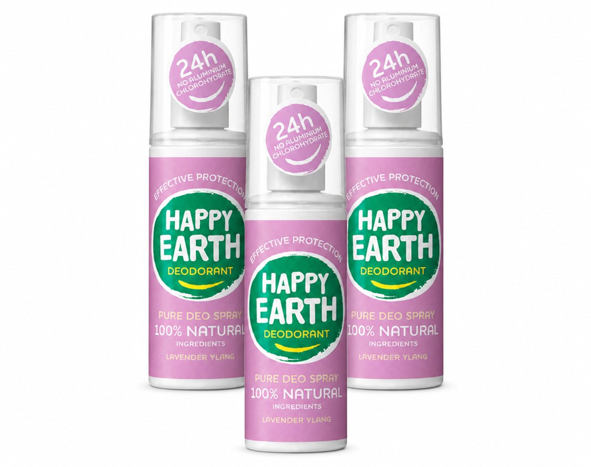 3 x Happy Earth – Deodorant Spray – 100% Natuurlijk Lavender Ylang – 100 ml - Voordeelverpakking - 3 stuks