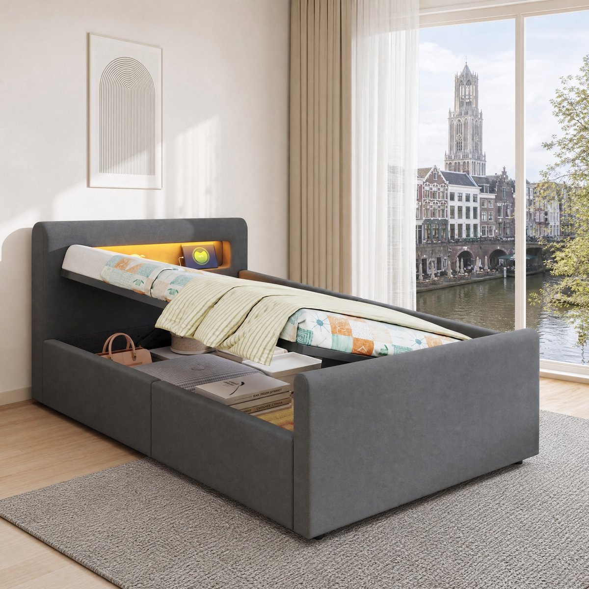 WUVRIE Kinderbed 90x200 cm met LED, nachtlicht, USB en opbergruimte, donkergrijs