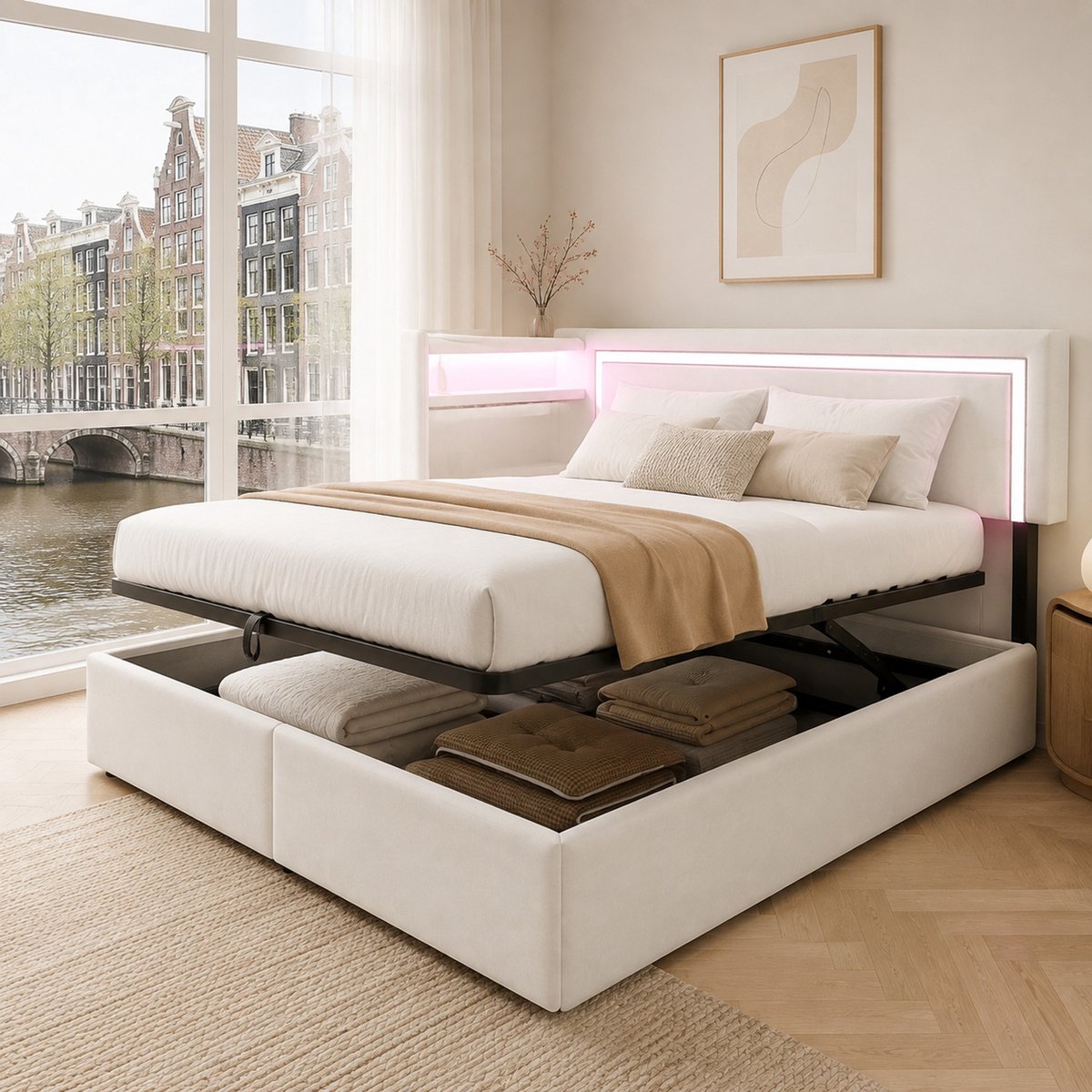 WUVRIE Slaapbank 90x200 cm met opbergruimte, LED-verlichting en USB, beige