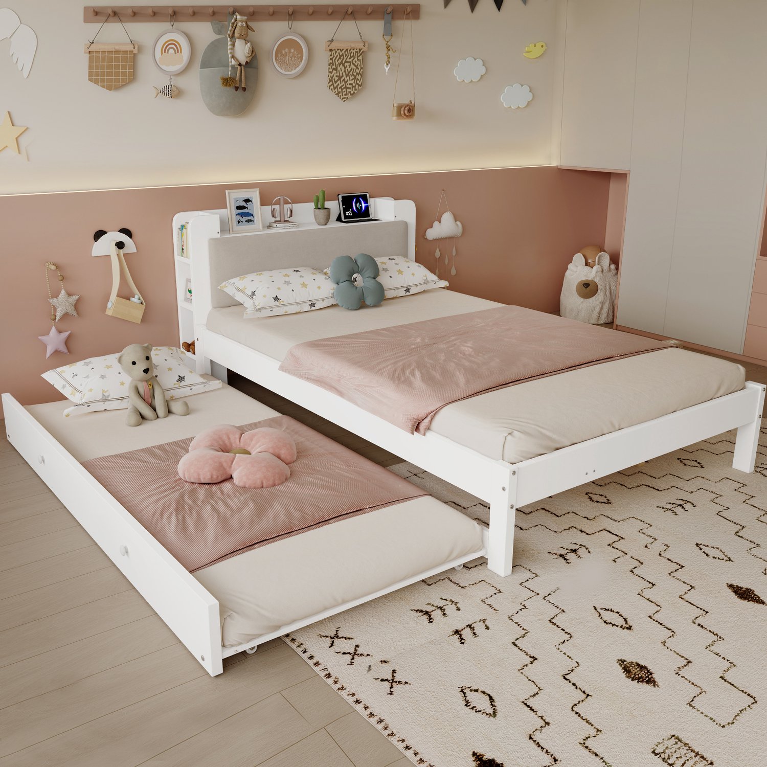 MEUNIQ Bed 120 x 200 cm met uitschuifbed 90 x 190 cm, gestoffeerd hoofdbord met opbergvakken en laadstation, links of rechts te monteren, wit