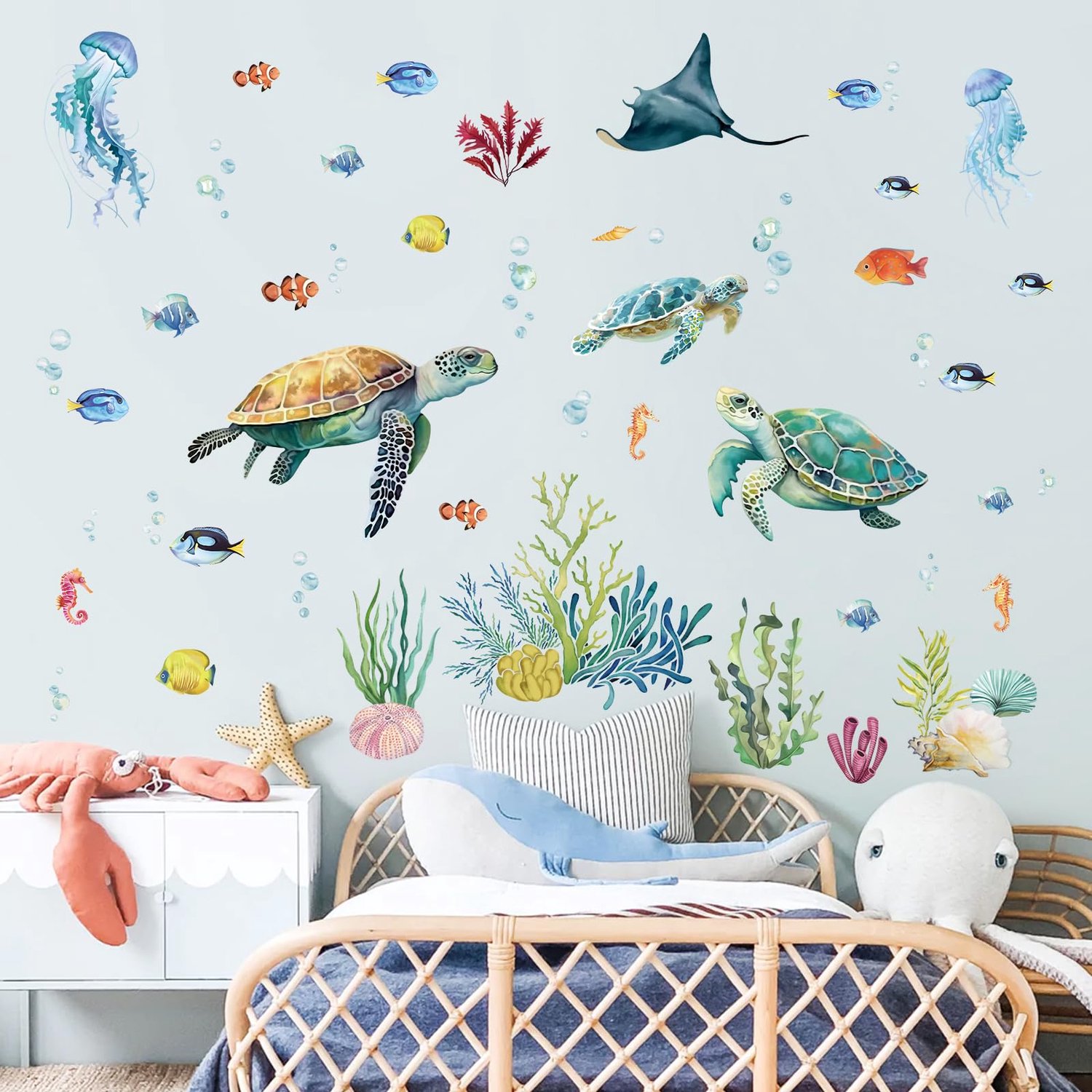 Muurstickers Onderwaterwereld - Muurstickers Kinderen - Wanddecoratie Babykamer - Wanddecoratie Speelkamer - Waterdichte Stickers - Inclusief 8 Vellen (21cm x 30cm)