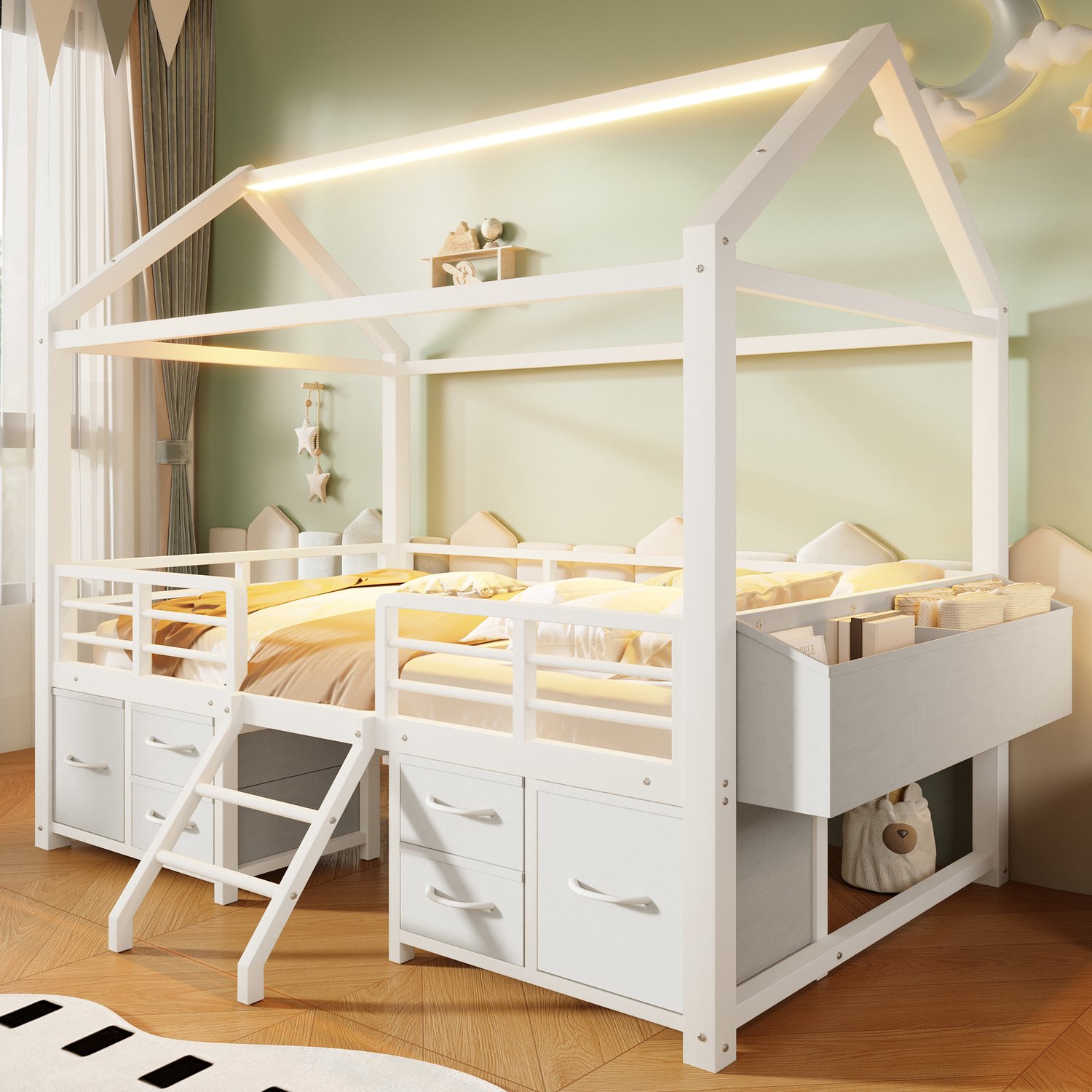 HAUSS SPOLE Hoogslaper 90 x 200 cm - Huisbed met Dak en Ledverlichting - Stoffen Lades en Opbergruimte - Zonder matras - Metaal - Wit