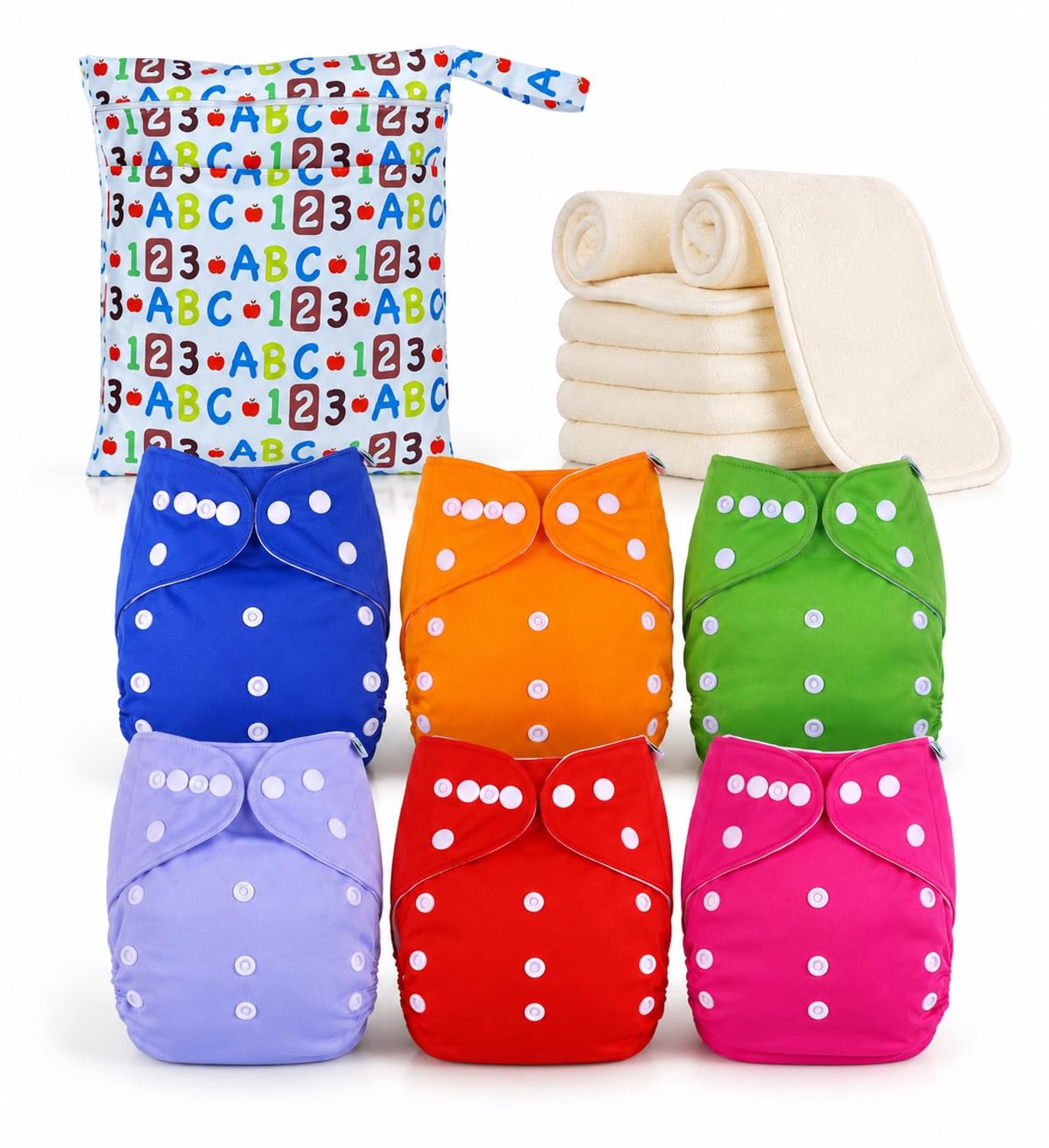 Herbruikbare Luierset met 6 Pocket Luiers en 6 Bamboe Inzetten