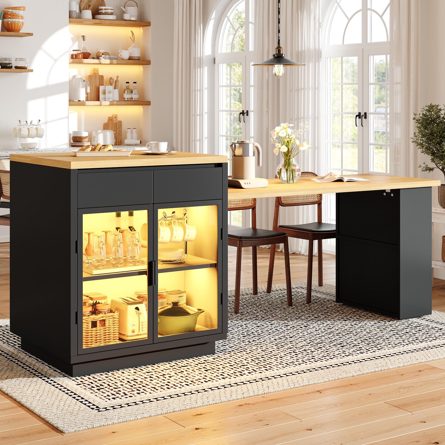 OKWISH Keukeneiland - Uitschuifbaar met 2 Lades en Glazen Deuren - Voor Keuken en Eetkamer - Zwart MDF met Houtlook - 122-194,5 x 70 x 94 cm