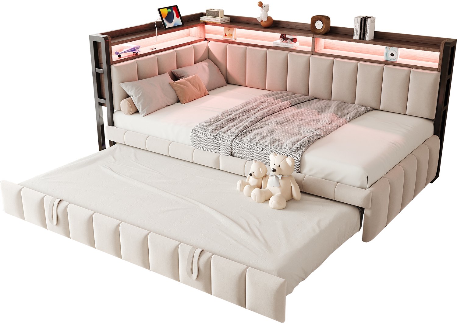 REDOM Slaapbank 90x200 cm - Uitschuifbaar bed met opbergruimte en LED - Beige