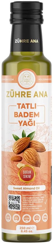 Fles van 250 ml Zühre Ana koudgeperste zoete amandelolie met een etiket met amandelafbeelding.