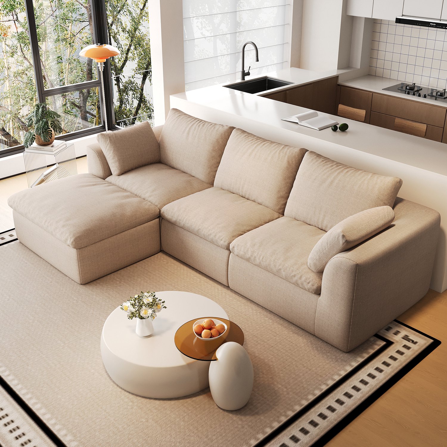 Wishdor Hoekbank met vier zitplaatsen - L-vormige bank met zachte zitting - Linnen bekleding en veerkrachtige schuimvulling - Voor de woonkamer - Khaki - 245 x 155 x 83 cm