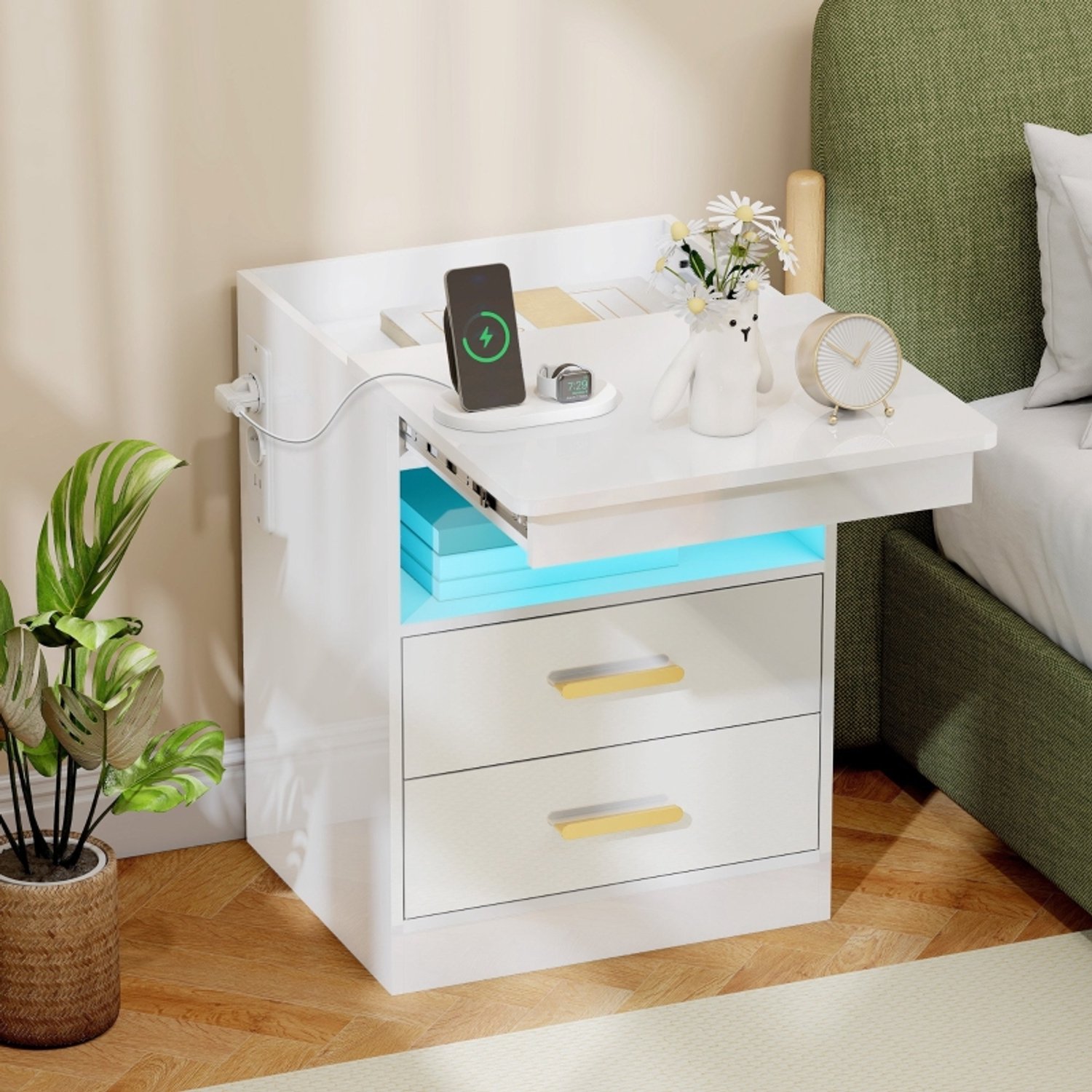 MEUNIQ Nachtkastje 45 x 40 x 59 cm met 2 laden, open opbergvak, 2 stopcontacten, 2 USB-aansluitingen en RGB-ledverlichting met afstandsbediening, hoogglans wit