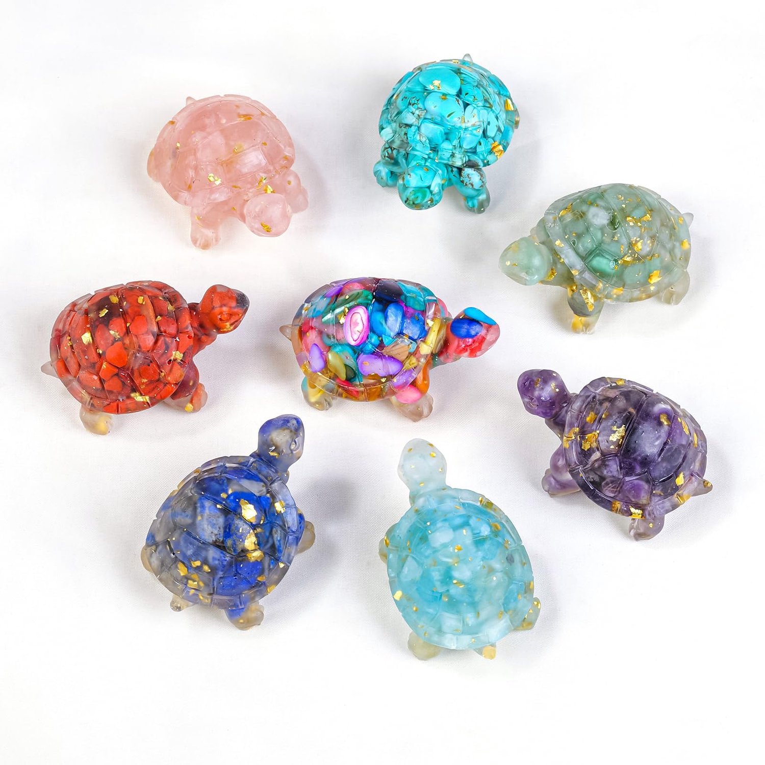 Schildpad Figuren Set - 8 Stuks Handgemaakt - Hars met Edelstenen - Decoratie voor Thuis - Meditatie Geschenkdoos - Zeeschildpadden - Decoratiefiguren