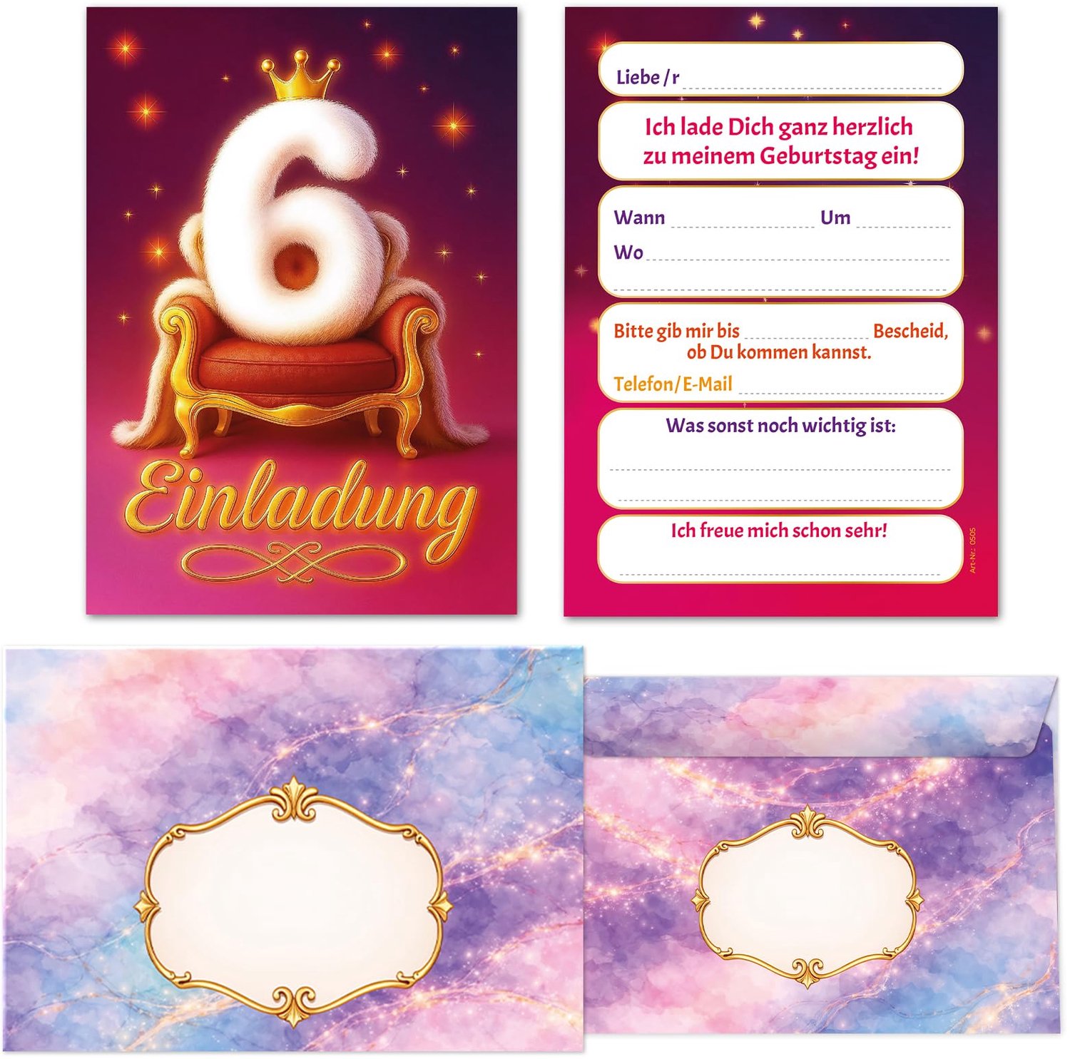 Uitnodigingskaarten Set voor 6e Verjaardag - Incl. 12 Enveloppen