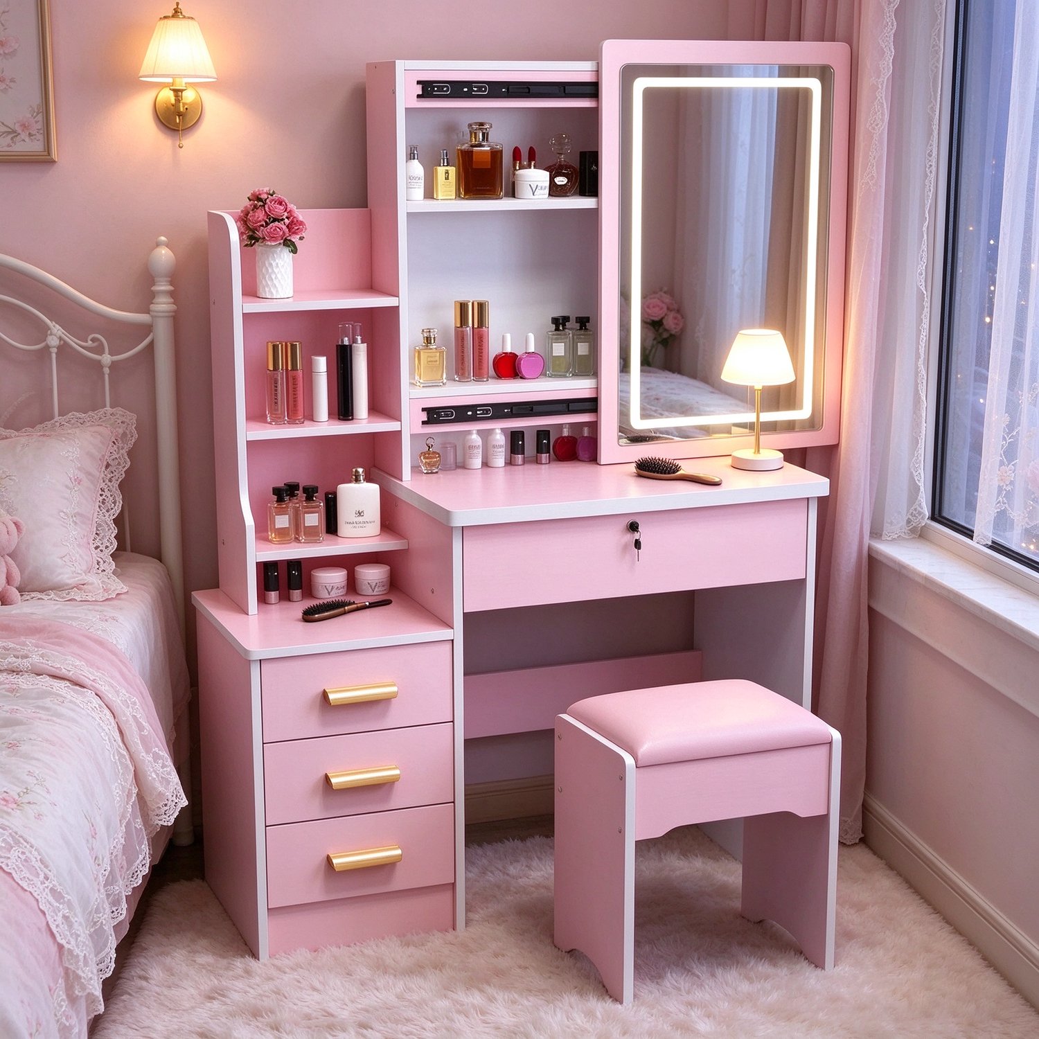 learnlogic Kaptafel roze met LED verlichte spiegel opbergruimte en vierkante kruk Afmetingen 80*36*125 cm