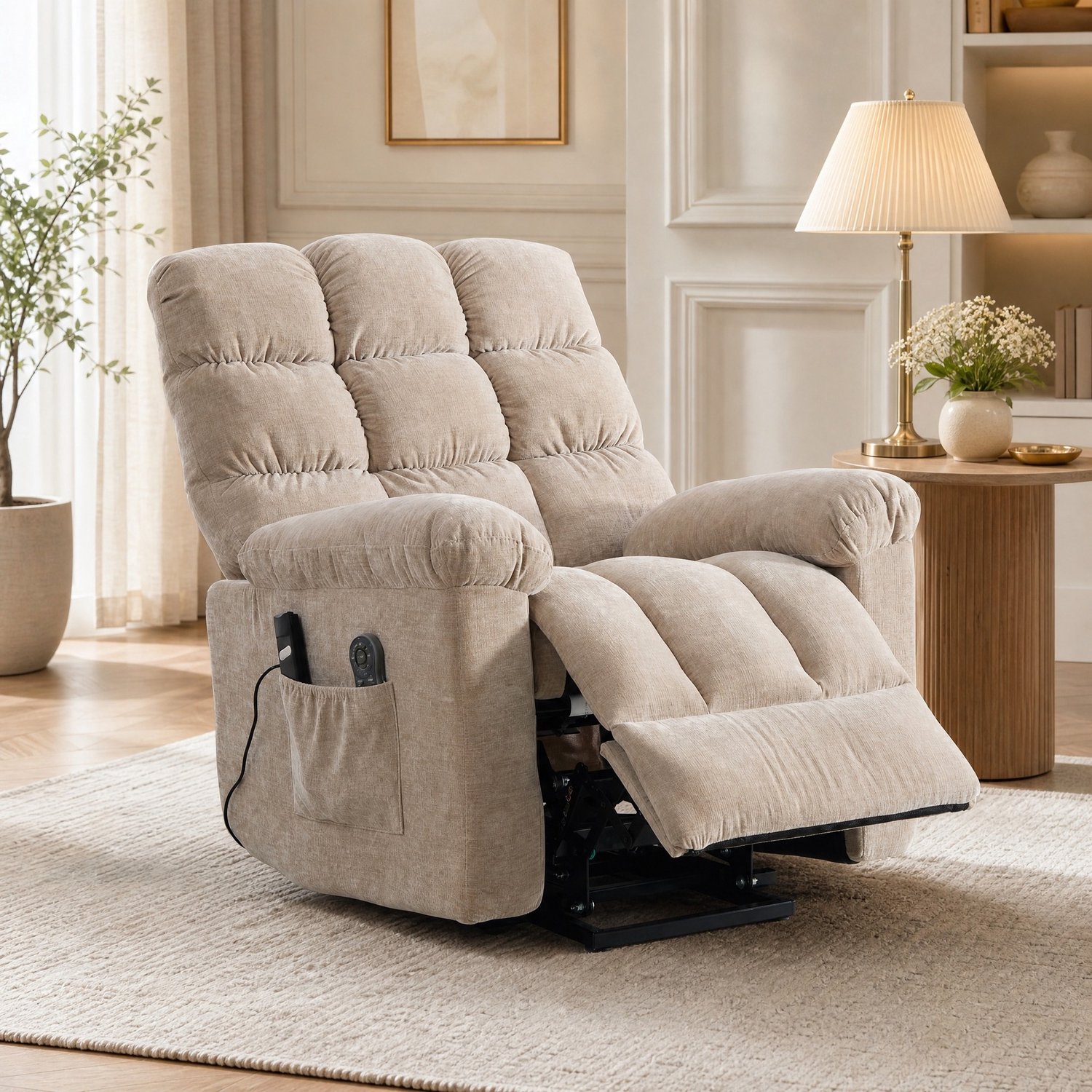MEUNIQ Elektrische relaxfauteuil met sta-op-functie, massage en warmte, verstelbare rugleuning en voetensteun, afstandsbediening, 83 x 99 x 103 cm, licht kaki