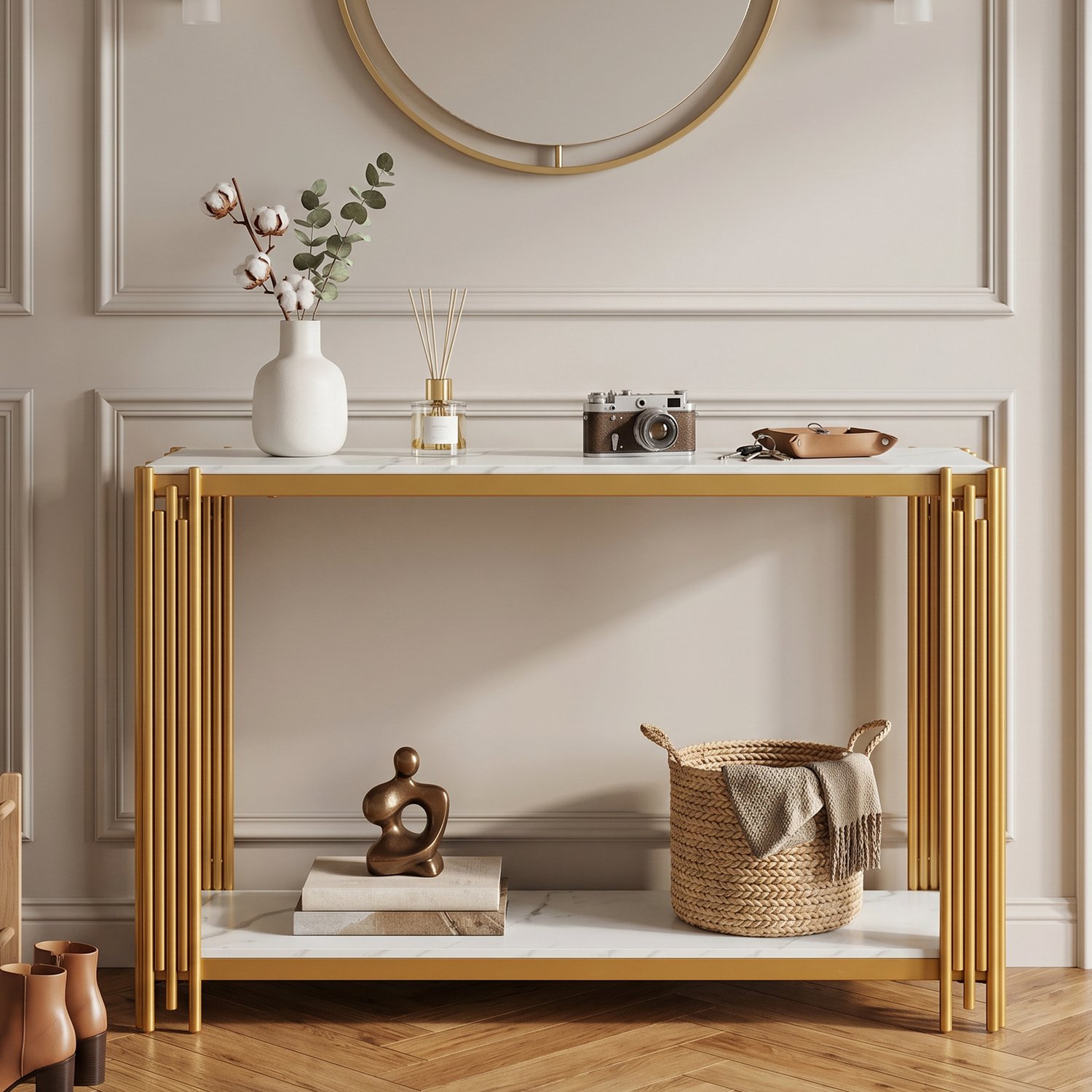 MEUNIQ Sidetable 124 x 34 x 80 cm – consoletafel met 2 open legplanken, wit marmerlook blad en goudkleurig metalen frame, voor hal en woonkamer Goud en wit