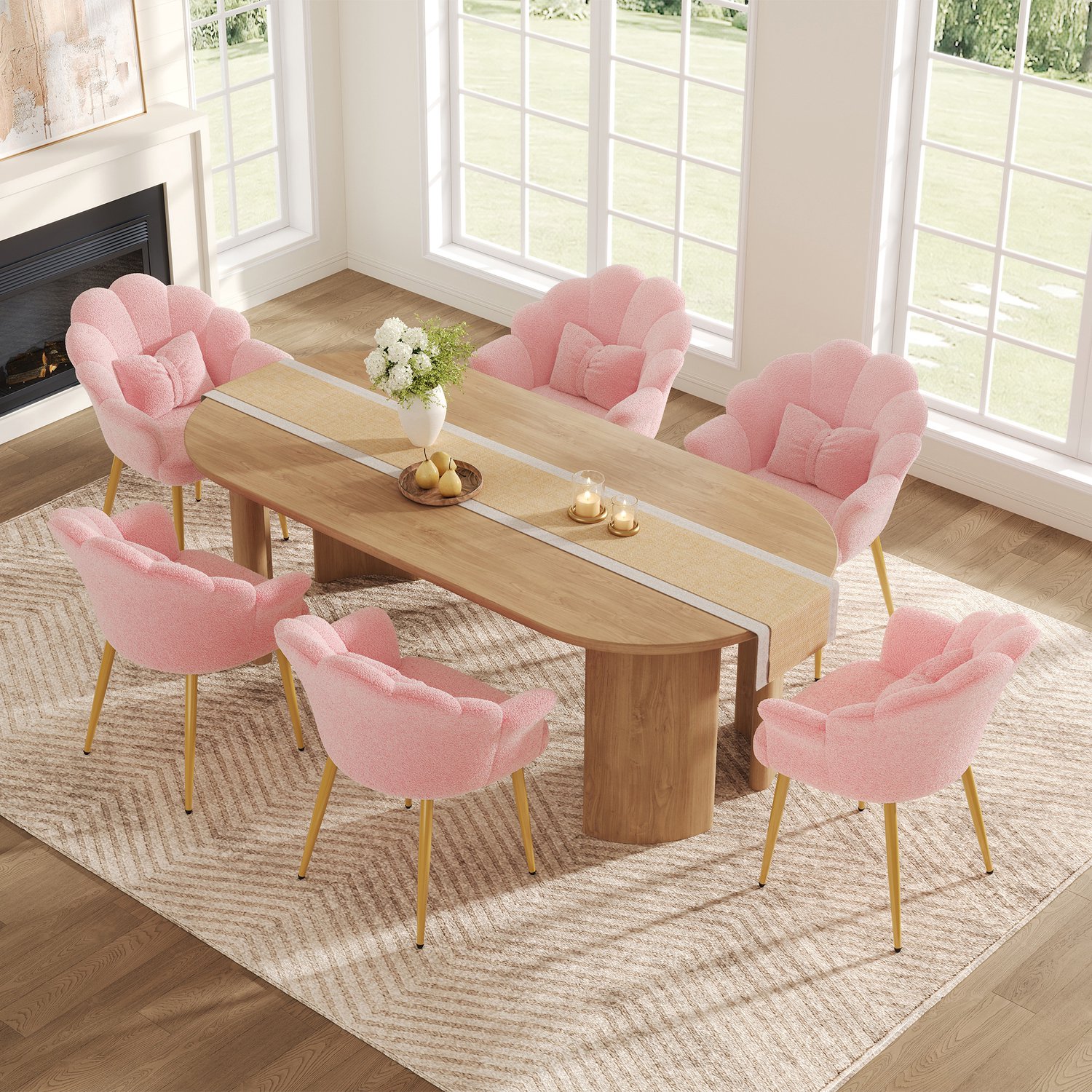 HAUSS SPOLE Eetkamerstoelen - Set van 6 - Bloemvormige Rugleuning en Armleuningen - Voor Eetkamer en Slaapkamer - Teddystof - Roze
