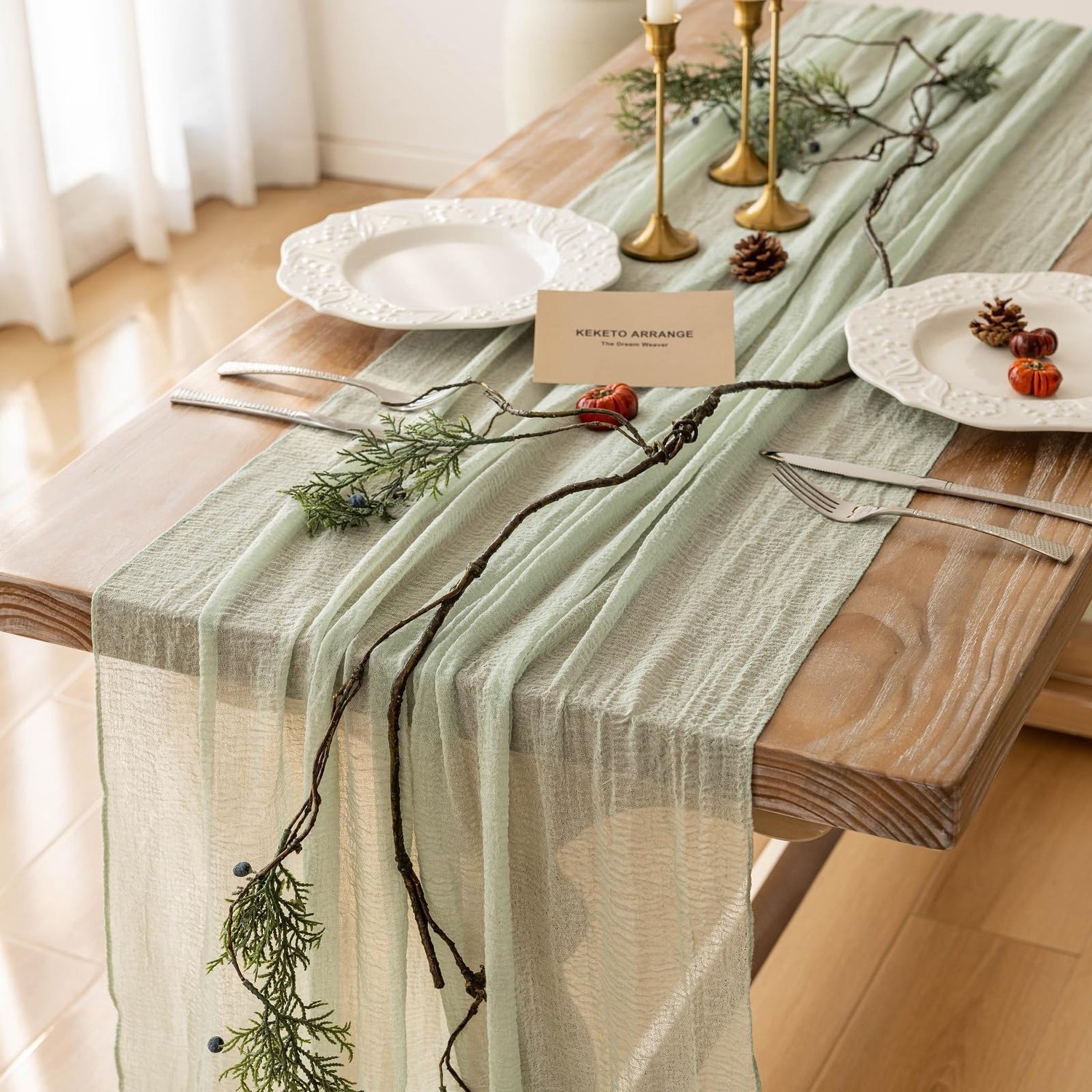 Sagegroene Katoenen Tafelrunner voor Bohemian Decoratie