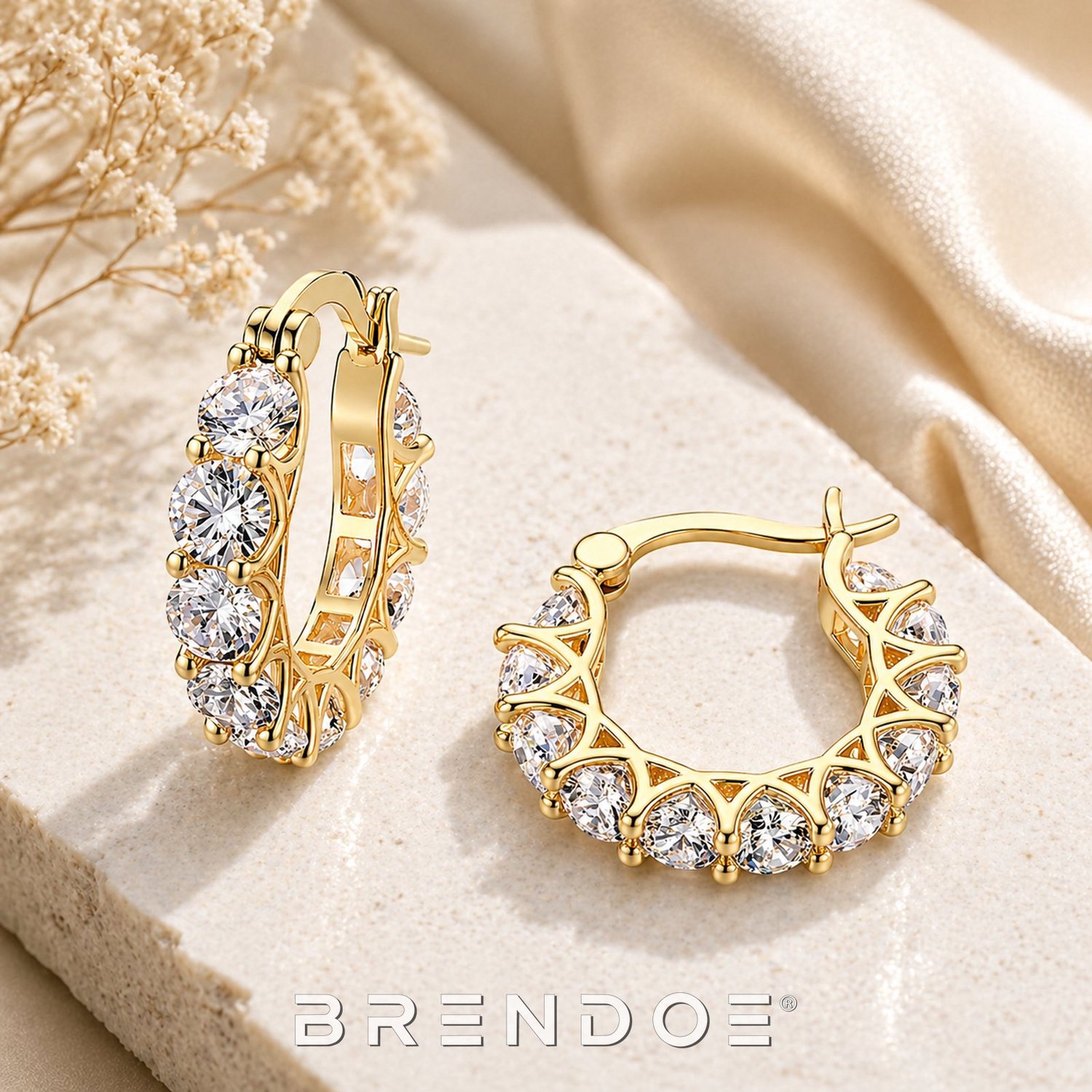 Brendoe Goudkleurige Oorringen Dames – Witte Synthetische Stenen – Elegante Statement Oorbellen – 2 cm