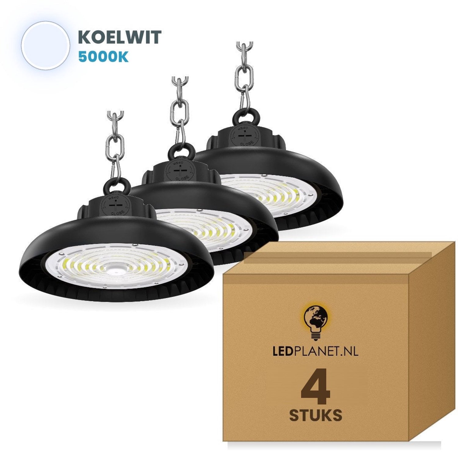 Tsong UFO Lamp - LED High Bay 100W - 19.500 lm - Neutraalwit 5000K - 4 stuks - Instelbaar 60/80/100W - 0-10V Dimbaar - IP65 - Hal, Werkplaats- & Garageverlichting - 5 jaar garantie Koelwit 5000K
