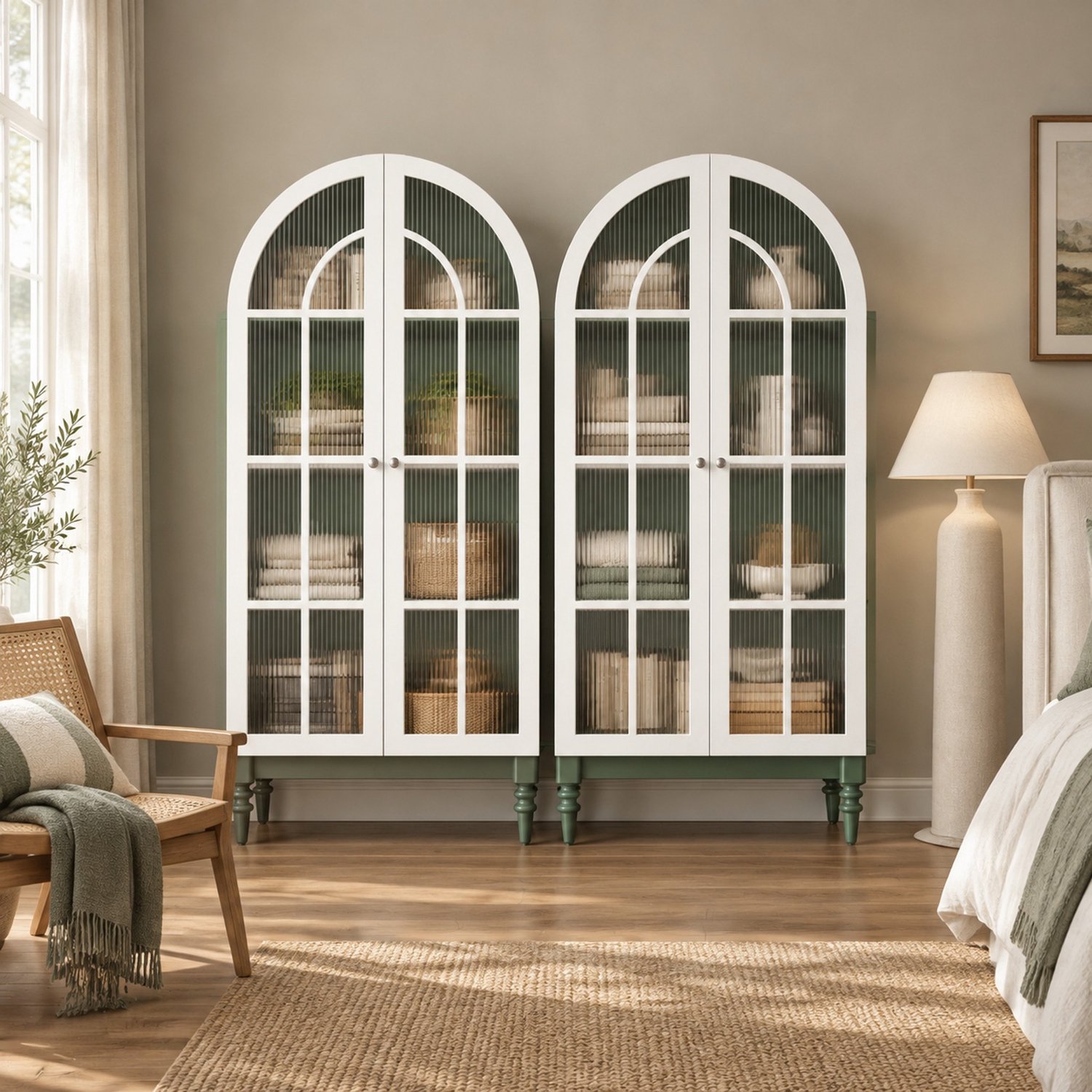 Wishdor Vitrinekasten set van 2 - Boogvormige deuren met geribbeld glas - Drie legniveaus en metalen knoppen - Landelijke stijl - Eetkamer woonkamer hal - MDF - Donkergroen en wit - 76 x 38,5 x 165 cm per kast